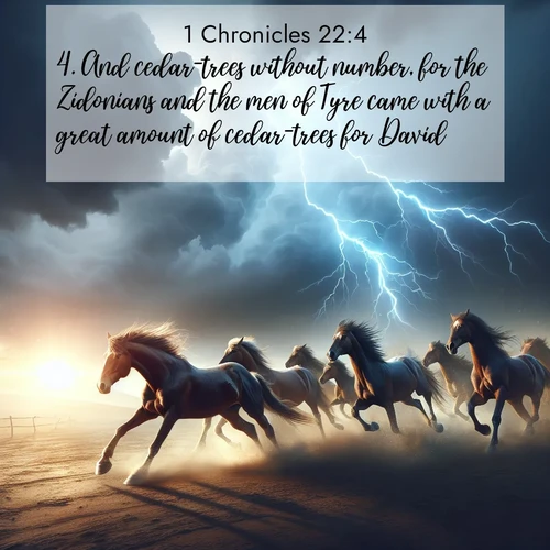 BasicEnglish 1 Chronicles  ; image nature: image with the bible verse :And cedar-trees without number, for the Zidonians and the men of Tyre came with a great amount of cedar-trees for David. ; Admire our gallery of Bible verse images paired with serene nature photography, featuring starlit skies, golden sands, and blooming wildflowers. Download and share verses like KJV 1 Chronicles 22:4. Current verse is overlayed with the thematic nature scene : Wild horses race approaching storms. Lightning illuminates their power. ; 22:4