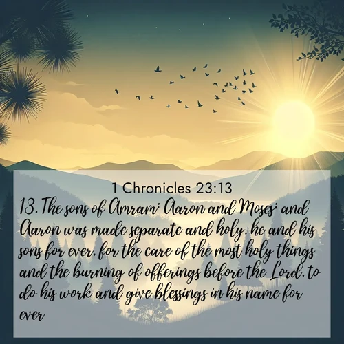 BasicEnglish 1 Chronicles  ; image nature: image with the bible verse :The sons of Amram: Aaron and Moses; and Aaron was made separate and holy, he and his sons for ever, for the care of the most holy things and the burning of offerings before the Lord, to do his work and give blessings in his name for ever. ; Admire Bible verse images featuring tranquil rivers, golden fields, and starry heavens. These free-to-download images make inspiring wallpapers or thoughtful gifts. Download KJV 1 Chronicles 23:13 now. Current verse is overlayed with the thematic nature scene : Morning mist reveals hidden valleys. Birdsong heralds the dawn. ; 23:13