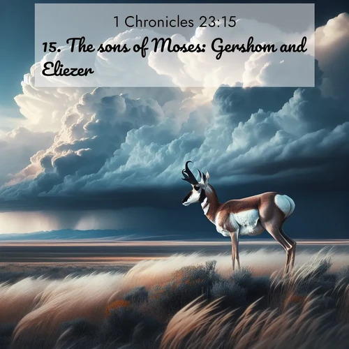 BasicEnglish 1 Chronicles  ; image nature: image with the bible verse :The sons of Moses: Gershom and Eliezer. ; Explore a winter collection of Bible verse images adorned with photos of icy landscapes, frozen waterfalls, and snow-covered forests. These scenes capture divine tranquility and purity. Download inspiring verses like KJV 1 Chronicles 23:15. Current verse is overlayed with the thematic nature scene : A pronghorn pauses on wind-swept plains. Storm clouds build dark towers above. ; 23:15