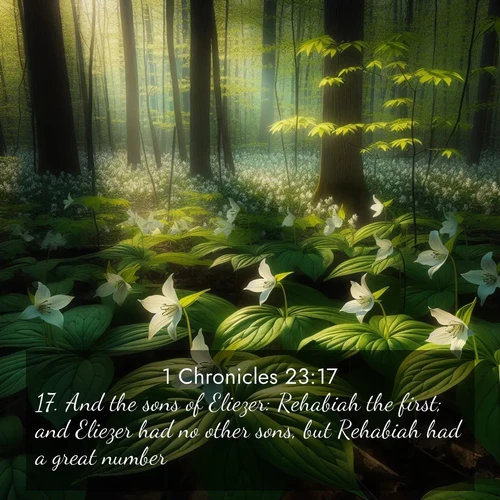 BasicEnglish 1 Chronicles  ; image nature: image with the bible verse :And the sons of Eliezer: Rehabiah the first; and Eliezer had no other sons, but Rehabiah had a great number. ; Admire Bible verse images illustrated by summer photos, such as sunny beaches, sparkling waves, and swaying palm trees. These bright scenes highlight the joy and warmth of God&#039;s creation. Download and share verses like KJV 1 Chronicles 23:17. Current verse is overlayed with the thematic nature scene : Wild trillium carpets the forest floor. Sunlight filters green through new spring leaves. ; 23:17