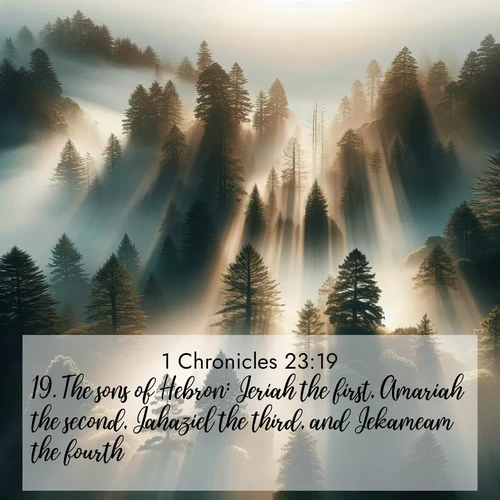 BasicEnglish 1 Chronicles  ; image nature: image with the bible verse :The sons of Hebron: Jeriah the first, Amariah the second, Jahaziel the third, and Jekameam the fourth. ; Admire Bible images evoking autumn, with warm colors of fallen leaves, harvested fields, and tranquil woods. These inspiring landscapes reflect the transition and beauty of God&#039;s creation. Download verses like KJV 1 Chronicles 23:19. Current verse is overlayed with the thematic nature scene : Coastal redwoods disappear into fog. Filtered sunlight creates divine rays. ; 23:19