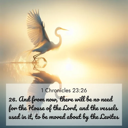 BasicEnglish 1 Chronicles  ; image nature: image with the bible verse :And from now, there will be no need for the House of the Lord, and the vessels used in it, to be moved about by the Levites. ; Explore an exceptional collection of Bible verse images accompanied by photos of nature, showcasing snowy mountains, serene forests, and still lakes. These images feature luminous tones and varied fonts to bring serenity and inspiration. Share uplifting verses like KJV 1 Chronicles 23:26. Current verse is overlayed with the thematic nature scene : A great egret lifts from mirror-still water. Sunrise sets its wings ablaze. ; 23:26