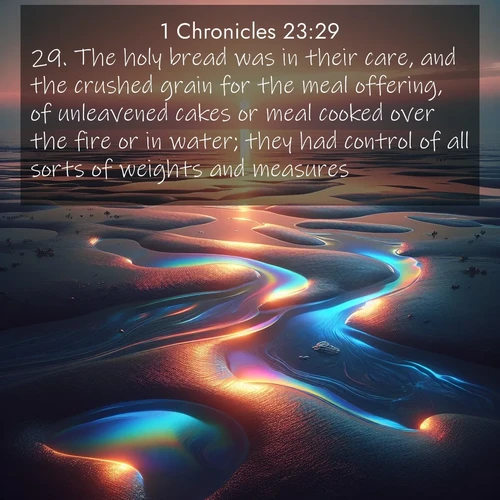 BasicEnglish 1 Chronicles  ; image nature: image with the bible verse :The holy bread was in their care, and the crushed grain for the meal offering, of unleavened cakes or meal cooked over the fire or in water; they had control of all sorts of weights and measures; ; Admire Bible verse images illustrated by summer photos, such as sunny beaches, sparkling waves, and swaying palm trees. These bright scenes highlight the joy and warmth of God&#039;s creation. Download and share verses like KJV 1 Chronicles 23:29. Current verse is overlayed with the thematic nature scene : Tidal pools reflect sunset colors at low tide. ; 23:29