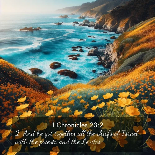 BasicEnglish 1 Chronicles  ; image nature: image with the bible verse :And he got together all the chiefs of Israel, with the priests and the Levites. ; Explore a collection of inspiring Bible verse images accompanied by winter photos, such as snowy landscapes, frosted trees, and frozen lakes. These images reflect the peace and purity of God&#039;s creation, with elegant fonts and luminous colors. Download and share verses like KJV 1 Chronicles 23:2. Current verse is overlayed with the thematic nature scene : Wild mustard flowers carpet coastal cliffs. Pacific waves provide endless percussion below. ; 23:2