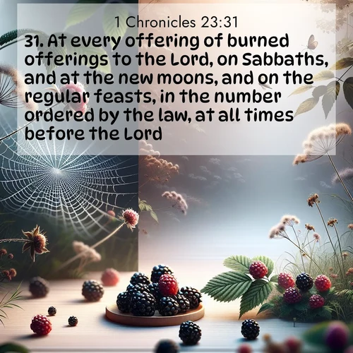 BasicEnglish 1 Chronicles  ; image nature: image with the bible verse :At every offering of burned offerings to the Lord, on Sabbaths, and at the new moons, and on the regular feasts, in the number ordered by the law, at all times before the Lord; ; Explore beautiful Bible verse images paired with serene natural settings, such as calm seas, snowy paths, and verdant hills. Each image is free to download for your spiritual inspiration. Share KJV 1 Chronicles 23:31. Current verse is overlayed with the thematic nature scene : Wild blackberries ripen in secret hollows. Morning spider webs catch dew like diamonds. ; 23:31
