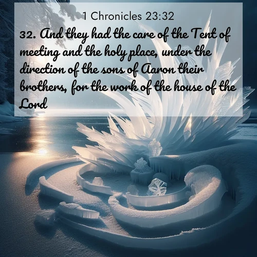 BasicEnglish 1 Chronicles  ; image nature: image with the bible verse :And they had the care of the Tent of meeting and the holy place, under the direction of the sons of Aaron their brothers, for the work of the house of the Lord. ; Browse Bible images illustrated by desert landscapes, with endless skies, golden dunes, and isolated palm trees. These images evoke the calm and grandeur of God&#039;s creation. Download inspiring verses like KJV 1 Chronicles 23:32. Current verse is overlayed with the thematic nature scene : Winter ice forms abstract sculptures along a lake shore. ; 23:32