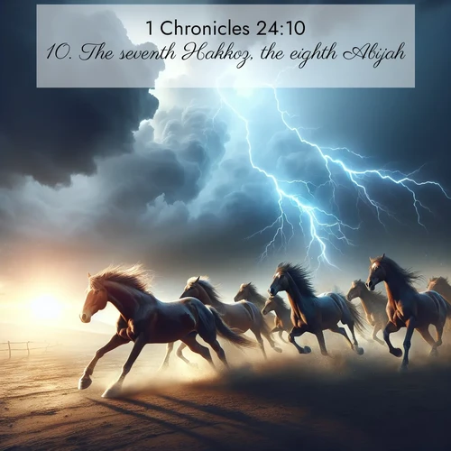 BasicEnglish 1 Chronicles  ; image nature: image with the bible verse :The seventh Hakkoz, the eighth Abijah, ; Admire our gallery of Bible verse images paired with serene nature photography, featuring starlit skies, golden sands, and blooming wildflowers. Download and share verses like KJV 1 Chronicles 24:10. Current verse is overlayed with the thematic nature scene : Wild horses race approaching storms. Lightning illuminates their power. ; 24:10