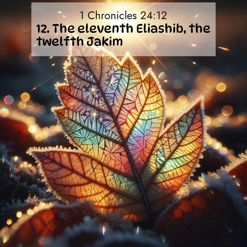 BasicEnglish 1 Chronicles  ; image nature: image with the bible verse :The eleventh Eliashib, the twelfth Jakim, ; Discover Bible images capturing the splendor of deserts, with golden dunes, vast skies, and peaceful oases. These landscapes highlight the grandeur and serenity of God&#039;s creation. Share verses like KJV 1 Chronicles 24:12. Current verse is overlayed with the thematic nature scene : Frost crystals form intricate patterns on a fallen leaf. Morning sun transforms them into rainbow prisms. ; 24:12