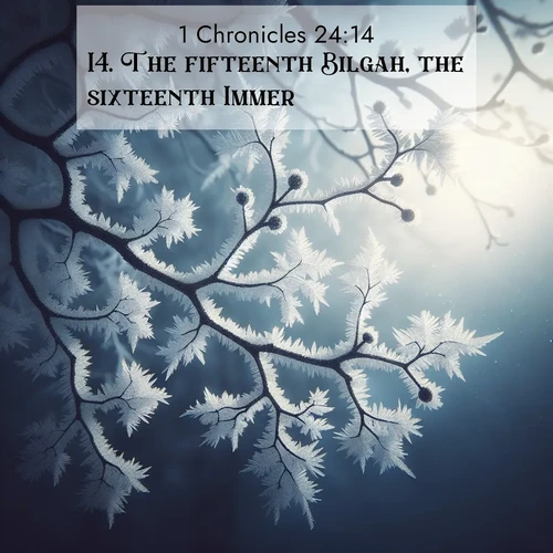BasicEnglish 1 Chronicles  ; image nature: image with the bible verse :The fifteenth Bilgah, the sixteenth Immer, ; Browse Bible images illustrated by desert landscapes, with endless skies, golden dunes, and isolated palm trees. These images evoke the calm and grandeur of God&#039;s creation. Download inspiring verses like KJV 1 Chronicles 24:14. Current verse is overlayed with the thematic nature scene : Winter frost coats bare branches in delicate crystal. ; 24:14