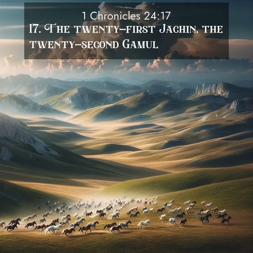 BasicEnglish 1 Chronicles  ; image nature: image with the bible verse :The twenty-first Jachin, the twenty-second Gamul, ; Admire Bible images evoking autumn, with warm colors of fallen leaves, harvested fields, and tranquil woods. These inspiring landscapes reflect the transition and beauty of God&#039;s creation. Download verses like KJV 1 Chronicles 24:17. Current verse is overlayed with the thematic nature scene : Wild horses gallop across a high mountain plateau. Storm clouds gather ominously on the horizon. ; 24:17