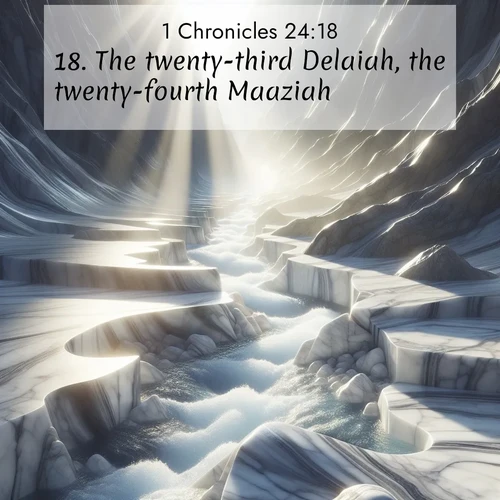 BasicEnglish 1 Chronicles  ; image nature: image with the bible verse :The twenty-third Delaiah, the twenty-fourth Maaziah. ; Discover Bible images illustrated by desert landscapes, like sand dunes, majestic rocks, and starry skies. These images symbolize the grandeur and immensity of God&#039;s creation. Download verses like KJV 1 Chronicles 24:18. Current verse is overlayed with the thematic nature scene : Mountain streams carve marble smooth. Sunlight dances on clear pools. ; 24:18