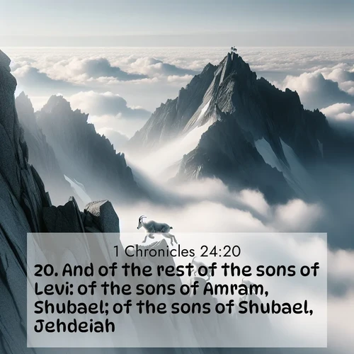 BasicEnglish 1 Chronicles  ; image nature: image with the bible verse :And of the rest of the sons of Levi: of the sons of Amram, Shubael; of the sons of Shubael, Jehdeiah. ; Explore a rich collection of Bible verse images beautifully illustrated by natural landscapes, such as colorful skies, towering mountains, and tranquil rivers. The images highlight the serenity of God&#039;s creation with vivid tones and carefully chosen typography. Download and share inspiring verses like KJV 1 Chronicles 24:20. Current verse is overlayed with the thematic nature scene : Mountain goats navigate impossible peaks. Clouds swirl beneath their sure feet. ; 24:20