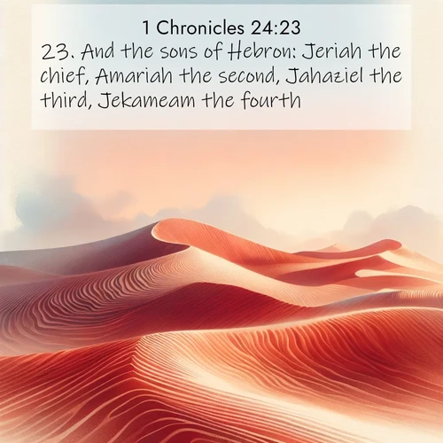 BasicEnglish 1 Chronicles  ; image nature: image with the bible verse :And the sons of Hebron: Jeriah the chief, Amariah the second, Jahaziel the third, Jekameam the fourth. ; Explore Bible verses paired with beach photos, where waves gently crash on the sand and the sky glows with pastel hues at sunset. These scenes convey deep serenity. Download verses like KJV 1 Chronicles 24:23. Current verse is overlayed with the thematic nature scene : Desert wind sculpts perfect ripples in red sand. Twilight paints the dunes in watercolor hues. ; 24:23