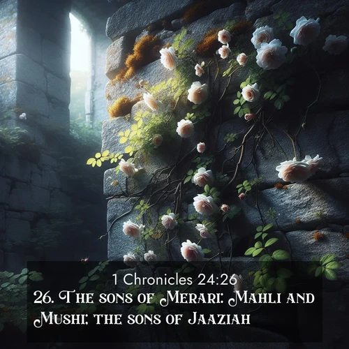 BasicEnglish 1 Chronicles  ; image nature: image with the bible verse :The sons of Merari: Mahli and Mushi; the sons of Jaaziah. ; Browse our collection of Bible verses paired with captivating photos of God’s creation, like crystal-clear lakes, majestic cliffs, and colorful skies. All images are free for download and sharing. Verse examples include KJV 1 Chronicles 24:26. Current verse is overlayed with the thematic nature scene : Wild roses climb abandoned stone walls. Time stands still in the secret garden. ; 24:26