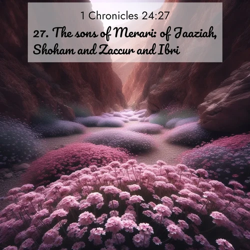 BasicEnglish 1 Chronicles  ; image nature: image with the bible verse :The sons of Merari: of Jaaziah, Shoham and Zaccur and Ibri. ; Dive into our collection of Bible verses paired with breathtaking desert landscapes, featuring infinite dunes, shaded oases, and desert sunsets. These images highlight the majestic grandeur of God&#039;s creation. Download and share verses like KJV 1 Chronicles 24:27. Current verse is overlayed with the thematic nature scene : Desert verbena carpets hidden canyons. Flash flood waters carved these gardens. ; 24:27