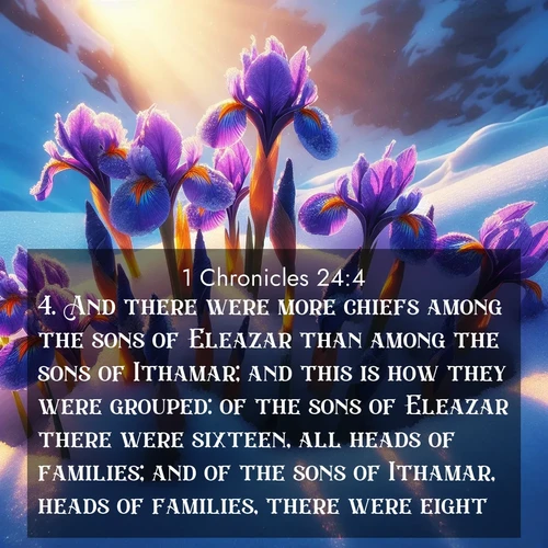 BasicEnglish 1 Chronicles  ; image nature: image with the bible verse :And there were more chiefs among the sons of Eleazar than among the sons of Ithamar; and this is how they were grouped: of the sons of Eleazar there were sixteen, all heads of families; and of the sons of Ithamar, heads of families, there were eight. ; Explore a collection of inspiring Bible verse images accompanied by winter photos, such as snowy landscapes, frosted trees, and frozen lakes. These images reflect the peace and purity of God&#039;s creation, with elegant fonts and luminous colors. Download and share verses like KJV 1 Chronicles 24:4. Current verse is overlayed with the thematic nature scene : Wild iris blooms pierce through melting snow. Alpine sunlight ignites their petals. ; 24:4
