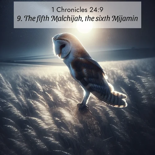 BasicEnglish 1 Chronicles  ; image nature: image with the bible verse :The fifth Malchijah, the sixth Mijamin, ; Browse a vast collection of Bible verse images featuring awe-inspiring landscapes such as calm lakes, vibrant sunsets, and peaceful fields. Download them for free and enjoy verses like KJV 1 Chronicles 24:9. Current verse is overlayed with the thematic nature scene : A barn owl quarters silent fields. Moonlight turns meadow grass to silver. ; 24:9