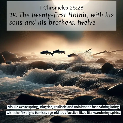 BasicEnglish 1 Chronicles  ; image nature: image with the bible verse :The twenty-first Hothir, with his sons and his brothers, twelve; ; Explore a winter collection of Bible verse images adorned with photos of icy landscapes, frozen waterfalls, and snow-covered forests. These scenes capture divine tranquility and purity. Download inspiring verses like KJV 1 Chronicles 25:28. Current verse is overlayed with the thematic nature scene : Wild salmon leap ancient rapids. Mist rises like spirits at dawn. ; 25:28