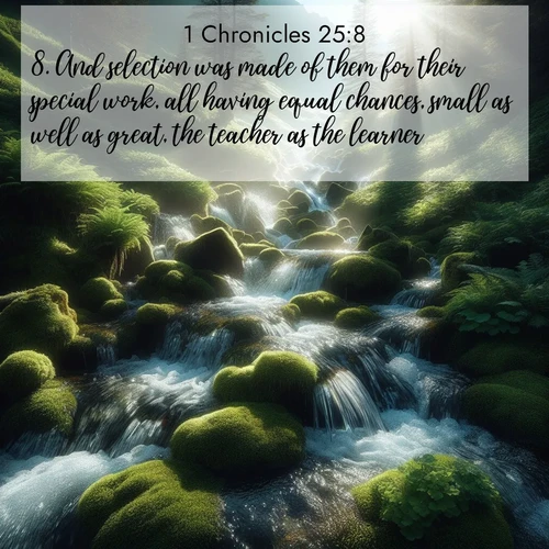 BasicEnglish 1 Chronicles  ; image nature: image with the bible verse :And selection was made of them for their special work, all having equal chances, small as well as great, the teacher as the learner. ; Explore serene Bible verse images adorned with photos of divine creation—tranquil beaches, snowy mountains, and starry skies. Each image is free to download and share. Verses include KJV 1 Chronicles 25:8. Current verse is overlayed with the thematic nature scene : Mountain streams tumble through moss. Sunlight creates crystal prisms. ; 25:8