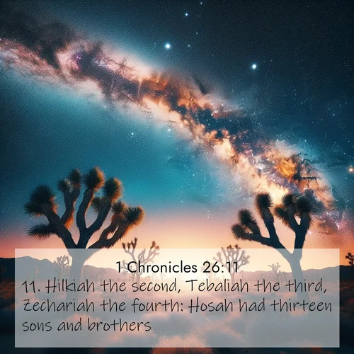 BasicEnglish 1 Chronicles  ; image nature: image with the bible verse :Hilkiah the second, Tebaliah the third, Zechariah the fourth: Hosah had thirteen sons and brothers. ; Dive into a gallery of Bible verses illustrated by tropical beach scenes, featuring sparkling waves, seashells, and radiant sunrises. These images evoke divine peace and joy. Download and share inspiring verses like KJV 1 Chronicles 26:11. Current verse is overlayed with the thematic nature scene : Joshua trees reach twisted arms to desert stars. The Milky Way arcs overhead like a river of light. ; 26:11