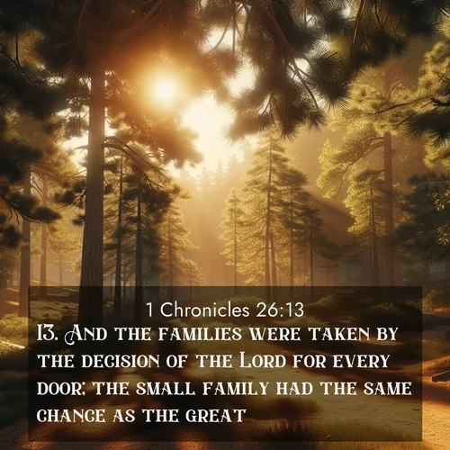 BasicEnglish 1 Chronicles  ; image nature: image with the bible verse :And the families were taken by the decision of the Lord for every door; the small family had the same chance as the great. ; Admire Bible verse images illustrated by desert scenes, such as sunsets over dunes, majestic rocks, and solitary cacti. These images capture the majesty of God in arid places. Download and share verses like KJV 1 Chronicles 26:13. Current verse is overlayed with the thematic nature scene : Summer heat brings out the scent of pine needles. ; 26:13