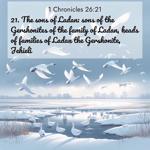 BasicEnglish 1 Chronicles  ; image nature: image with the bible verse :The sons of Ladan: sons of the Gershonites of the family of Ladan, heads of families of Ladan the Gershonite, Jehieli. ; Admire our gallery of Bible verse images showcasing divine beauty in nature—whether snowy peaks or serene oceans. Each image is freely downloadable and perfect for personal or spiritual use. Share verses like KJV 1 Chronicles 26:21. Current verse is overlayed with the thematic nature scene : Snow geese take flight from a winter marsh. Their wings flash white against leaden skies. ; 26:21