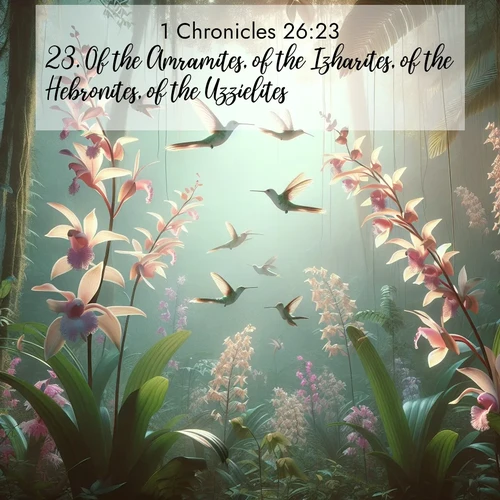 BasicEnglish 1 Chronicles  ; image nature: image with the bible verse :Of the Amramites, of the Izharites, of the Hebronites, of the Uzzielites: ; Explore a gallery of beautiful Bible verse images with tranquil natural settings—perfect for phone backgrounds or inspirational posts. Download your favorite verses like KJV 1 Chronicles 26:23 today. Current verse is overlayed with the thematic nature scene : Wild orchids bloom in rainforest canopy. Hummingbirds dance between delicate petals. ; 26:23