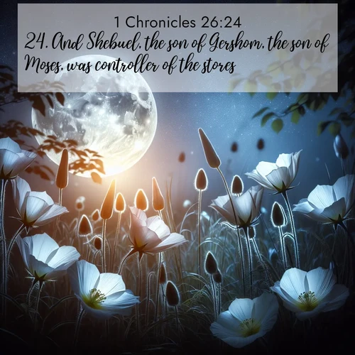 BasicEnglish 1 Chronicles  ; image nature: image with the bible verse :And Shebuel, the son of Gershom, the son of Moses, was controller of the stores. ; Browse our collection of Bible verses paired with captivating photos of God’s creation, like crystal-clear lakes, majestic cliffs, and colorful skies. All images are free for download and sharing. Verse examples include KJV 1 Chronicles 26:24. Current verse is overlayed with the thematic nature scene : Moonflowers open to the rising full moon. Night insects hum in harmony. ; 26:24