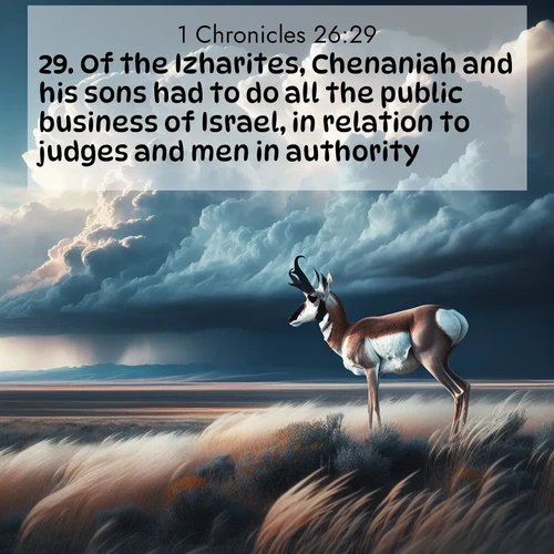 BasicEnglish 1 Chronicles  ; image nature: image with the bible verse :Of the Izharites, Chenaniah and his sons had to do all the public business of Israel, in relation to judges and men in authority. ; Explore Bible verse images highlighting the beauty of spring, with vibrant flowers, butterflies, and blossoming fruit trees. These scenes evoke divine hope and renewal. Download inspiring verses like KJV 1 Chronicles 26:29. Current verse is overlayed with the thematic nature scene : A pronghorn pauses on wind-swept plains. Storm clouds build dark towers above. ; 26:29