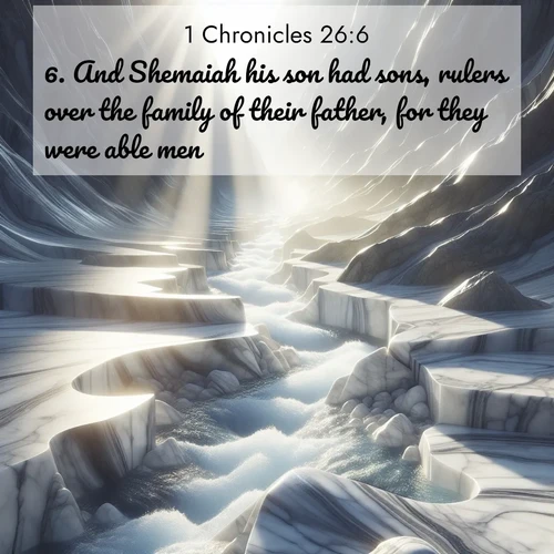 BasicEnglish 1 Chronicles  ; image nature: image with the bible verse :And Shemaiah his son had sons, rulers over the family of their father, for they were able men. ; Discover Bible images illustrated by desert landscapes, like sand dunes, majestic rocks, and starry skies. These images symbolize the grandeur and immensity of God&#039;s creation. Download verses like KJV 1 Chronicles 26:6. Current verse is overlayed with the thematic nature scene : Mountain streams carve marble smooth. Sunlight dances on clear pools. ; 26:6