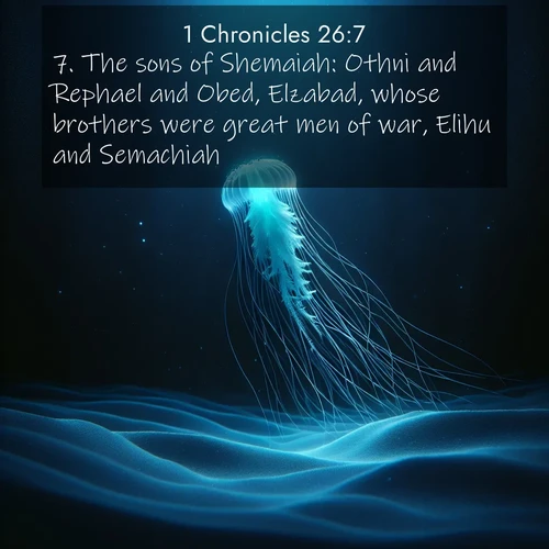 BasicEnglish 1 Chronicles  ; image nature: image with the bible verse :The sons of Shemaiah: Othni and Rephael and Obed, Elzabad, whose brothers were great men of war, Elihu and Semachiah. ; Explore a winter collection of Bible verse images adorned with photos of icy landscapes, frozen waterfalls, and snow-covered forests. These scenes capture divine tranquility and purity. Download inspiring verses like KJV 1 Chronicles 26:7. Current verse is overlayed with the thematic nature scene : A lone jellyfish pulses through midnight waters. Its bioluminescent tendrils paint trails of azure light in the depths. ; 26:7