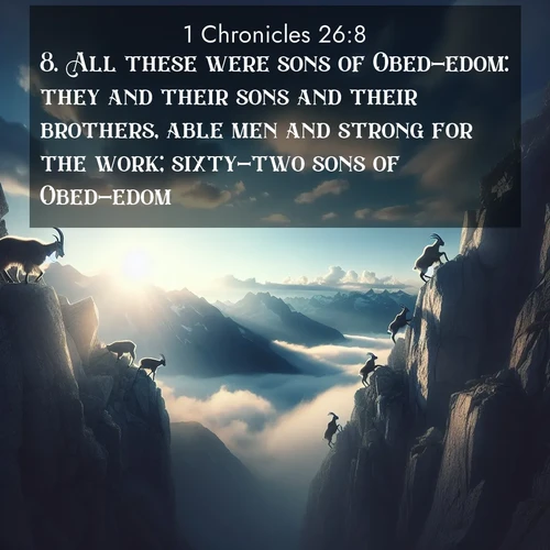 BasicEnglish 1 Chronicles  ; image nature: image with the bible verse :All these were sons of Obed-edom: they and their sons and their brothers, able men and strong for the work; sixty-two sons of Obed-edom. ; Discover tranquil Bible verse images enhanced with natural scenery like rippling brooks, snow-covered fields, and sunlit beaches. These free images are perfect for wallpapers or spiritual reflection. Share KJV 1 Chronicles 26:8. Current verse is overlayed with the thematic nature scene : Mountain goats traverse sheer faces. Clouds part to reveal their path. ; 26:8