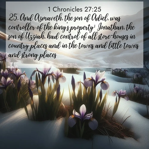 BasicEnglish 1 Chronicles  ; image nature: image with the bible verse :And Azmaveth, the son of Adiel, was controller of the king&#039;s property; Jonathan, the son of Uzziah, had control of all store-houses in country places and in the towns and little towns and strong places; ; Admire Bible verse images capturing the beauty of beaches, with turquoise waters, palm trees, and peaceful shores. These soothing scenes reflect God&#039;s serenity and majesty. Download and share verses like KJV 1 Chronicles 27:25. Current verse is overlayed with the thematic nature scene : Wild irises pierce winter&#039;s last snow. Alpine light sets their petals ablaze. ; 27:25