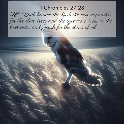 BasicEnglish 1 Chronicles  ; image nature: image with the bible verse :Baal-hanan the Gederite was responsible for the olive-trees and the sycamore-trees in the lowlands; and Joash for the stores of oil; ; Browse high-resolution Bible verse images featuring stunning nature photography, such as radiant sunsets, tranquil rivers, and blooming fields. Perfect for wallpapers or sharing on social media. Download KJV 1 Chronicles 27:28. Current verse is overlayed with the thematic nature scene : A barn owl quarters silent fields. Moonlight turns meadow grass to silver. ; 27:28
