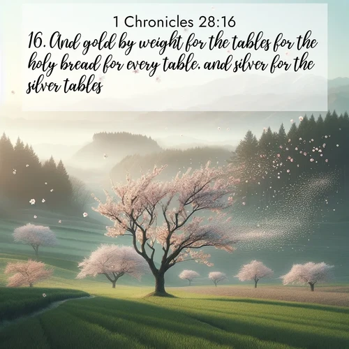 BasicEnglish 1 Chronicles  ; image nature: image with the bible verse :And gold by weight for the tables for the holy bread for every table, and silver for the silver tables; ; Browse Bible images illustrated by desert landscapes, with endless skies, golden dunes, and isolated palm trees. These images evoke the calm and grandeur of God&#039;s creation. Download inspiring verses like KJV 1 Chronicles 28:16. Current verse is overlayed with the thematic nature scene : Spring winds scatter cherry blossoms like snow. ; 28:16