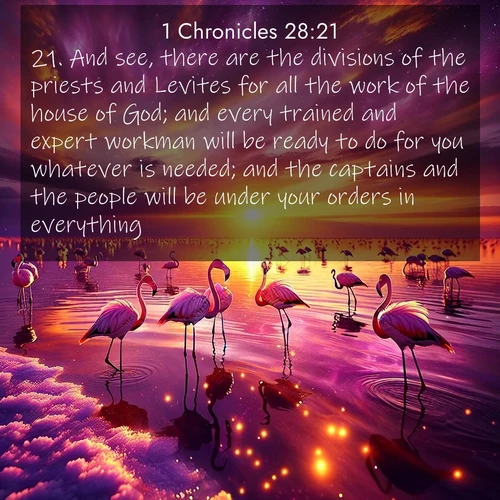 BasicEnglish 1 Chronicles  ; image nature: image with the bible verse :And see, there are the divisions of the priests and Levites for all the work of the house of God; and every trained and expert workman will be ready to do for you whatever is needed; and the captains and the people will be under your orders in everything. ; Discover Bible images adorned with spring landscapes, like tulip fields, cherry blossoms, and green hills. These bright scenes symbolize God&#039;s renewal and grace. Download verses like KJV 1 Chronicles 28:21. Current verse is overlayed with the thematic nature scene : Wild flamingos wade through salt lake shallows. Sunset turns the water to liquid gold. ; 28:21