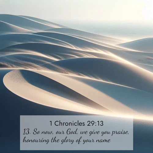 BBE 1 Chronicles 29:13 overlaying nature image scene: Coastal dunes shift slowly beneath constant winds.;13. So now, our God, we give you praise, honouring the glory of your name.