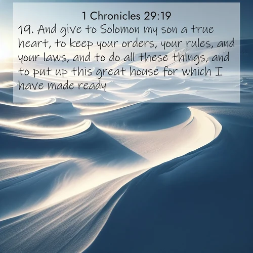 BBE 1 Chronicles 29:19 overlaying nature image scene: Winter winds sculpt snow into graceful dunes across the tundra.;19. And give to Solomon my son a true heart, to keep your orders, your rules, and your laws, and to do all these things, and to put up this great house for which I have made ready.