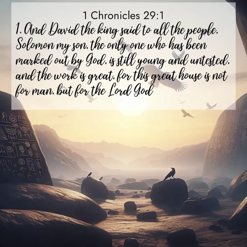 BBE 1 Chronicles 29:1 overlaying nature image scene: Desert petroglyphs tell ancient stories. Ravens soar past wearing shadows for wings.;1. And David the king said to all the people, Solomon my son, the only one who has been marked out by God, is still young and untested, and the work is great, for this great house is not for man, but for the Lord God.