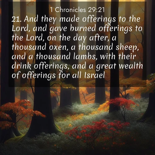 BBE 1 Chronicles 29:21 overlaying nature image scene: Autumn rain darkens tree trunks in the forest.;21. And they made offerings to the Lord, and gave burned offerings to the Lord, on the day after, a thousand oxen, a thousand sheep, and a thousand lambs, with their drink offerings, and a great wealth of offerings for all Israel.