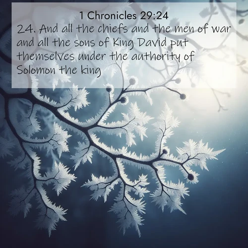 BBE 1 Chronicles 29:24 overlaying nature image scene: Winter frost coats bare branches in delicate crystal.;24. And all the chiefs and the men of war and all the sons of King David put themselves under the authority of Solomon the king.