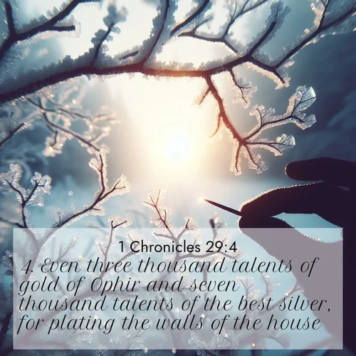BBE 1 Chronicles 29:4 overlaying nature image scene: Winter sunrise glows through ice-coated branches.;4. Even three thousand talents of gold of Ophir and seven thousand talents of the best silver, for plating the walls of the house: