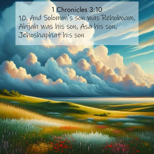 BasicEnglish 1 Chronicles  ; image nature: image with the bible verse :And Solomon&#039;s son was Rehoboam, Abijah was his son, Asa his son, Jehoshaphat his son, ; Explore free Bible verse images with stunning nature themes, including sunlit paths, forest clearings, and endless horizons. Perfect for desktop backgrounds or phone wallpapers. Verses include KJV 1 Chronicles 3:10. Current verse is overlayed with the thematic nature scene : Summer thunderheads build over grasslands dotted with wildflowers. ; 3:10
