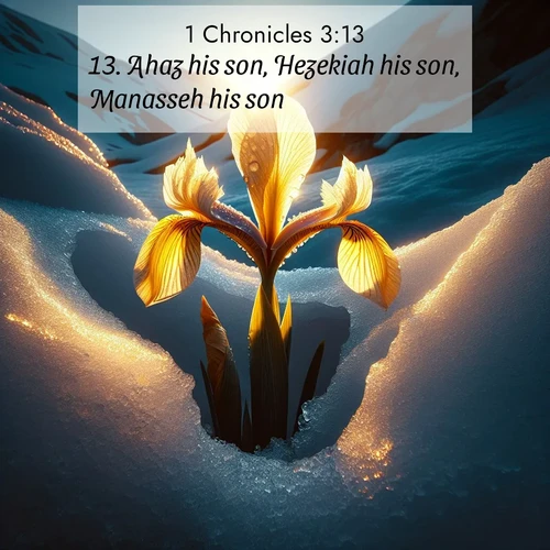 BasicEnglish 1 Chronicles  ; image nature: image with the bible verse :Ahaz his son, Hezekiah his son, Manasseh his son, ; Explore our gallery of inspiring Bible verse images showcasing divine beauty through nature. Download scenic images like snowy peaks, lush meadows, or radiant sunsets paired with verses like KJV 1 Chronicles 3:13. Current verse is overlayed with the thematic nature scene : Wild iris breaks through melting snow. Alpine light ignites its petals. ; 3:13