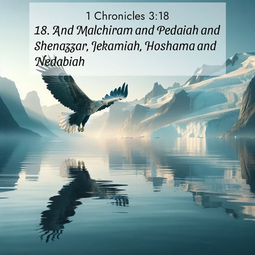 BasicEnglish 1 Chronicles  ; image nature: image with the bible verse :And Malchiram and Pedaiah and Shenazzar, Jekamiah, Hoshama and Nedabiah. ; Access a vast collection of Bible verse images illustrated with natural landscapes like calm rivers, blooming fields, and bright horizons. These images emphasize the serenity and splendor of God&#039;s creation, accompanied by aesthetic fonts and joyful colors. Download verses like KJV 1 Chronicles 3:18 and share them. Current verse is overlayed with the thematic nature scene : A sea eagle soars above fjord waters. Glaciers loom blue in Arctic light. ; 3:18
