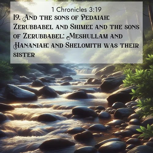 BasicEnglish 1 Chronicles  ; image nature: image with the bible verse :And the sons of Pedaiah: Zerubbabel and Shimei; and the sons of Zerubbabel: Meshullam and Hananiah; and Shelomith was their sister; ; Explore a gallery of beautiful Bible verse images with tranquil natural settings—perfect for phone backgrounds or inspirational posts. Download your favorite verses like KJV 1 Chronicles 3:19 today. Current verse is overlayed with the thematic nature scene : A mountain stream tumbles over smooth rocks between banks of mountain laurel. ; 3:19