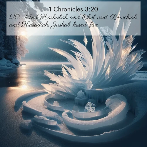 BasicEnglish 1 Chronicles  ; image nature: image with the bible verse :And Hashubah and Ohel and Berechiah and Hasadiah, Jushab-hesed, five. ; Discover beautiful Bible verse images enriched with natural landscapes, from serene beaches to cascading waterfalls. All images are free and ready to download. Share verses such as KJV 1 Chronicles 3:20. Current verse is overlayed with the thematic nature scene : Winter ice forms abstract sculptures along a lake shore. ; 3:20