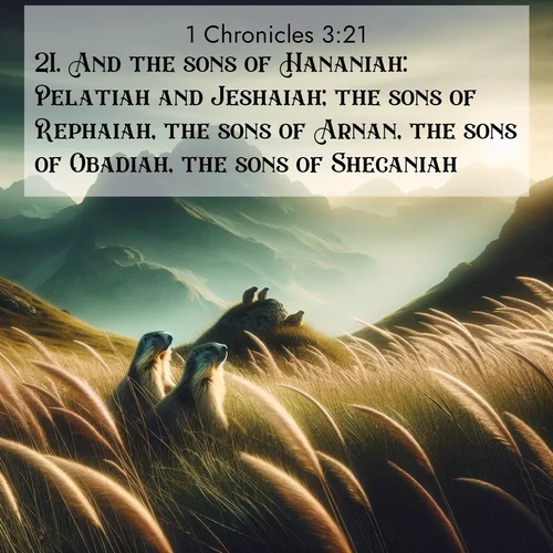 BasicEnglish 1 Chronicles  ; image nature: image with the bible verse :And the sons of Hananiah: Pelatiah and Jeshaiah; the sons of Rephaiah, the sons of Arnan, the sons of Obadiah, the sons of Shecaniah. ; Download high-resolution Bible verse images showcasing the beauty of God&#039;s creation—from radiant sunsets to tranquil rivers. Free for use as wallpapers or sharing verses like KJV 1 Chronicles 3:21. Current verse is overlayed with the thematic nature scene : Mountain meadow grasses bend in wind. Marmots whistle from rocky outcrops. ; 3:21