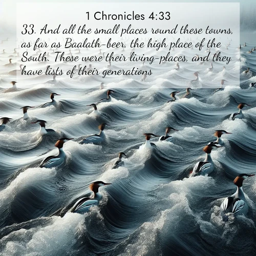 BasicEnglish 1 Chronicles  ; image nature: image with the bible verse :And all the small places round these towns, as far as Baalath-beer, the high place of the South. These were their living-places, and they have lists of their generations. ; Download high-resolution Bible verse images showcasing the beauty of God&#039;s creation—from radiant sunsets to tranquil rivers. Free for use as wallpapers or sharing verses like KJV 1 Chronicles 4:33. Current verse is overlayed with the thematic nature scene : Wild mergansers ride river rapids. Their wakes create endless patterns. ; 4:33