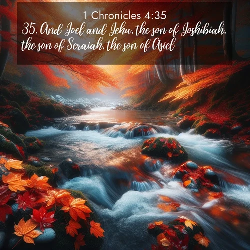BasicEnglish 1 Chronicles  ; image nature: image with the bible verse :And Joel and Jehu, the son of Joshibiah, the son of Seraiah, the son of Asiel, ; Explore a collection of Bible verses paired with springtime scenes, featuring blooming flowers, lush meadows, and trees in full bloom. These images symbolize divine renewal and hope. Download inspiring verses like KJV 1 Chronicles 4:35. Current verse is overlayed with the thematic nature scene : Autumn leaves swirl in eddies along a mountain stream. ; 4:35